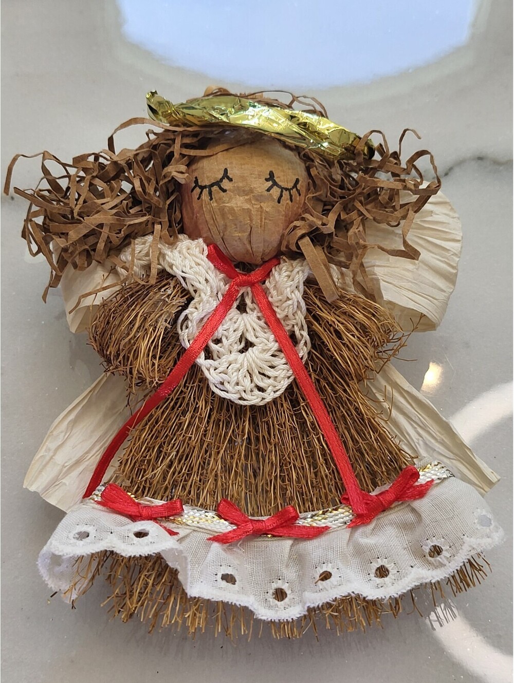 Vtg 1980s Country Angel Handmade Beautiful 5" Christmas Ornament A91